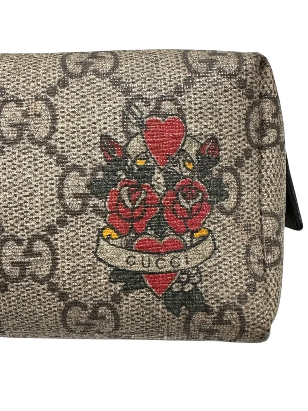 Gucci Tan GG Supreme Web Canvas with Roses Heart Tattoo Zippered Pouch